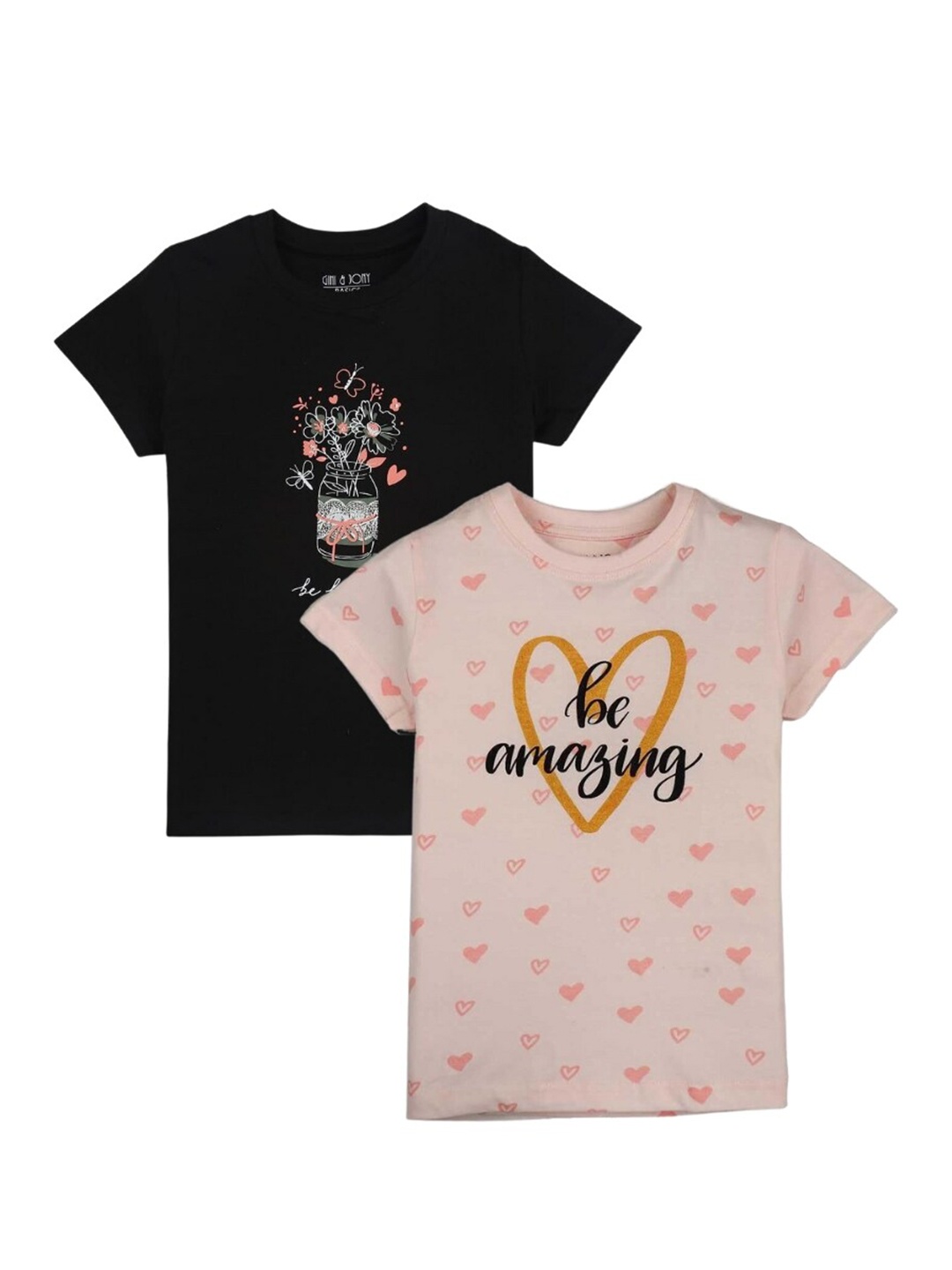 

Gini and Jony Girls Pack Of 2 Typography Printed Cotton T-shirt, Black