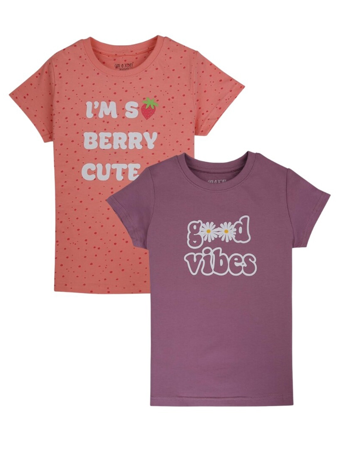 

Gini and Jony Girls Pack Of 2 Typography Printed Cotton T-shirts, Peach