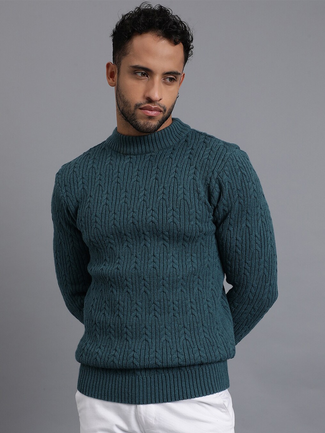 

JAVINISHKA Self Designed Mock Collar Woollen Pullover, Green