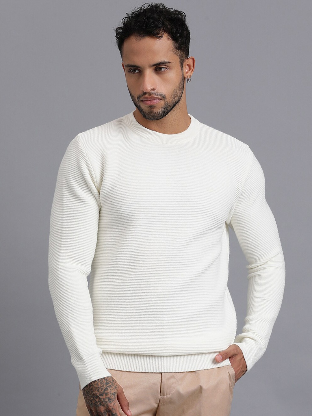 

JAVINISHKA Ribbed Round Neck Woollen Pullover, White