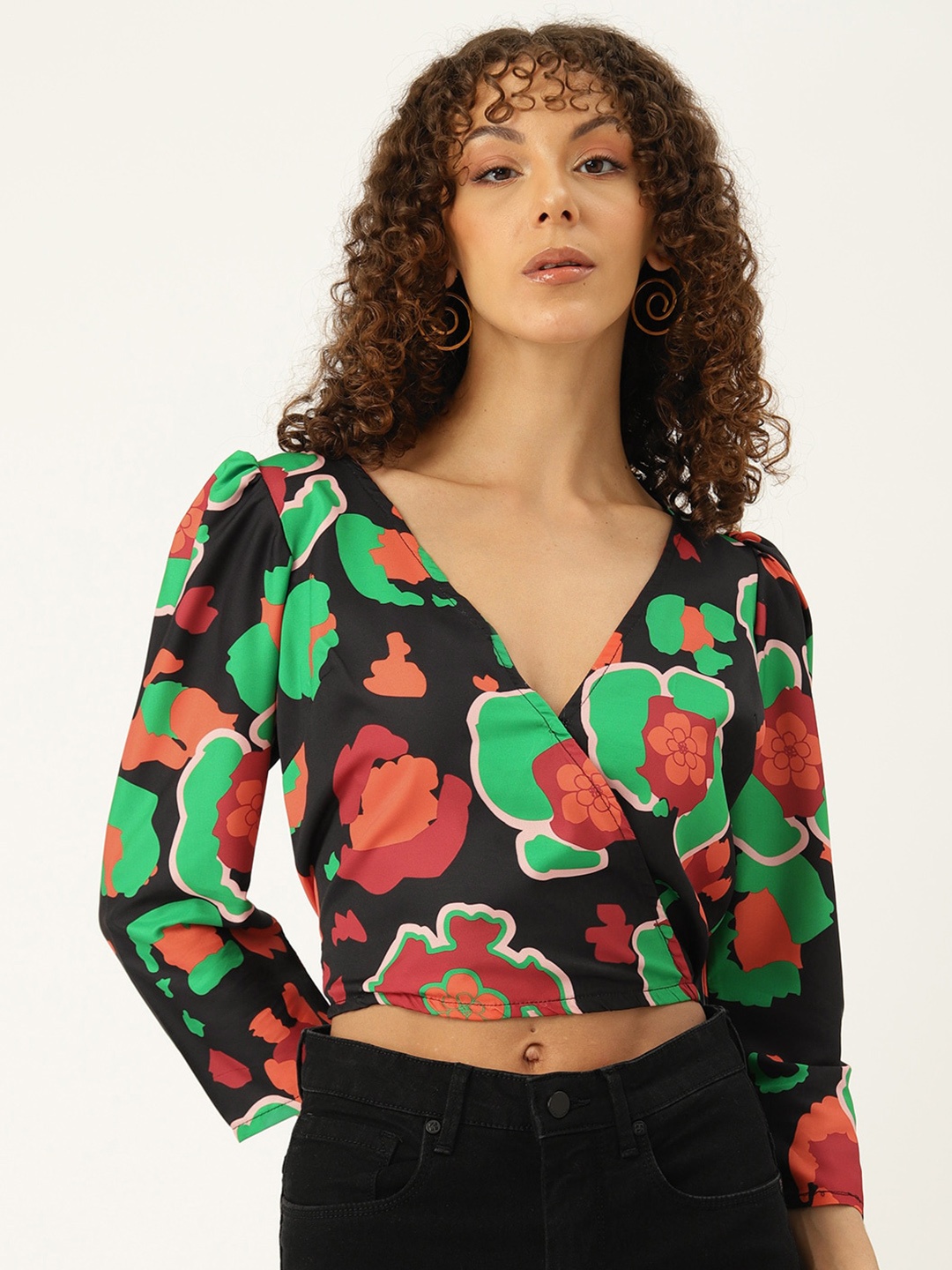 

Sleek Italia Floral Print Crepe Wrap Crop Top, Black