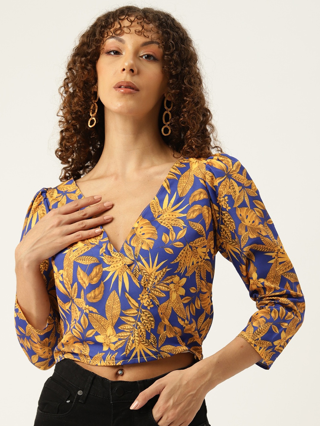 

Sleek Italia Floral Printed Puff Sleeves Regular Top, Blue