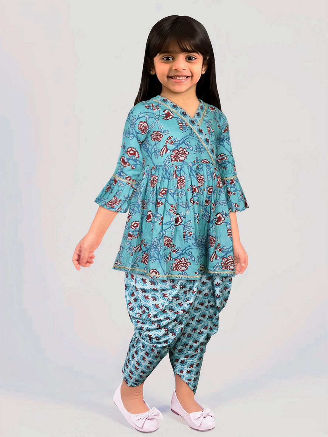 

Toonyport Girls Floral Printed V-Neck Pure Cotton Kurta with Dhoti Pants, Blue