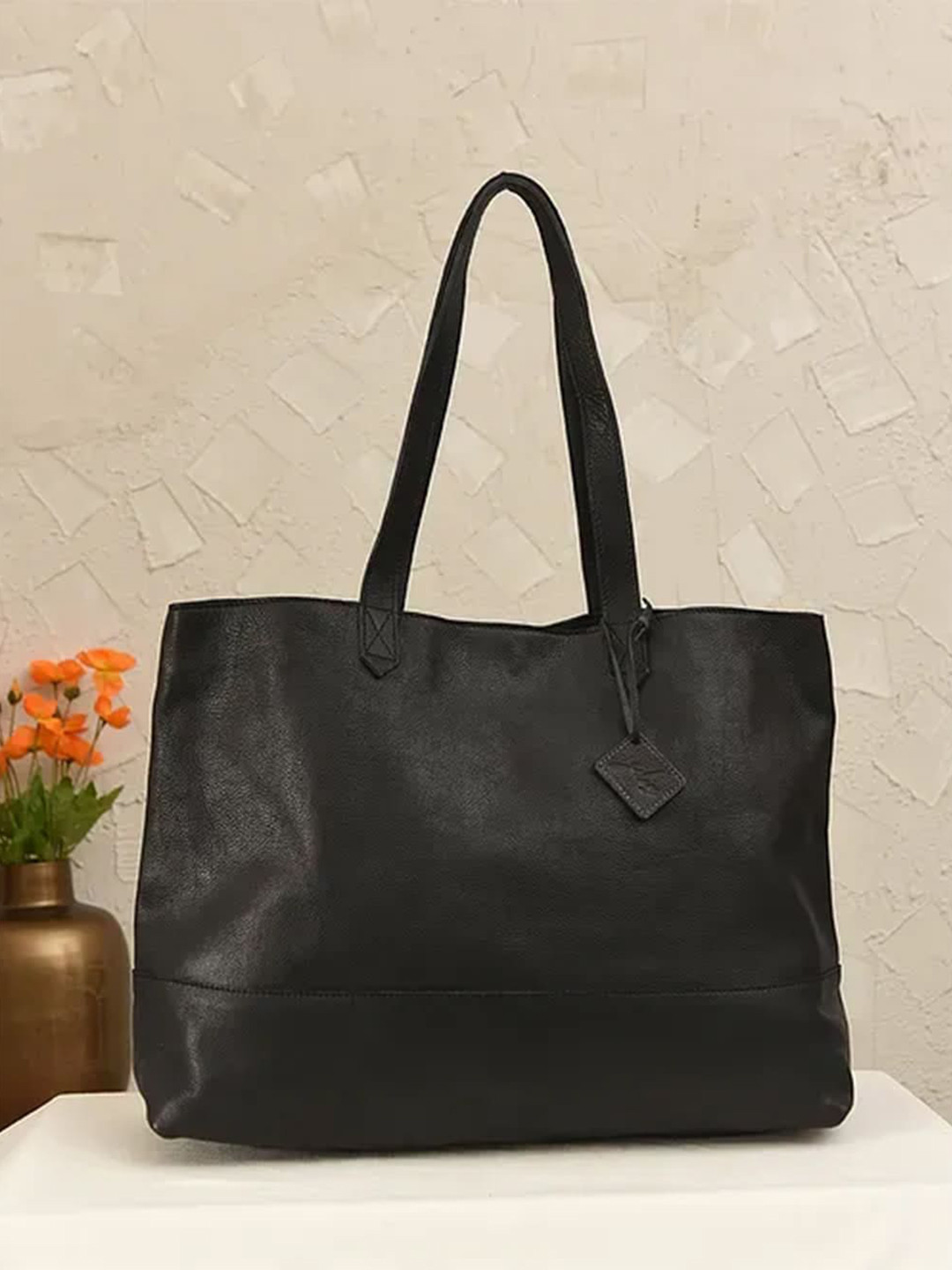 

Jalwa Art Textured Leather Oversized Shopper Tote Bag, Black