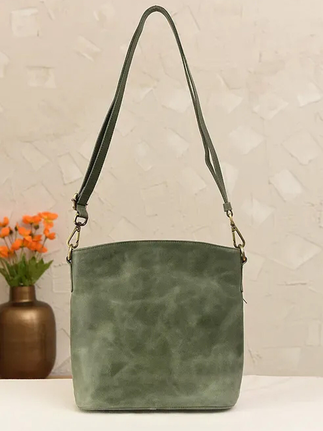 

Jalwa Art Textured Leather Structured Sling Bag With Fringed, Olive