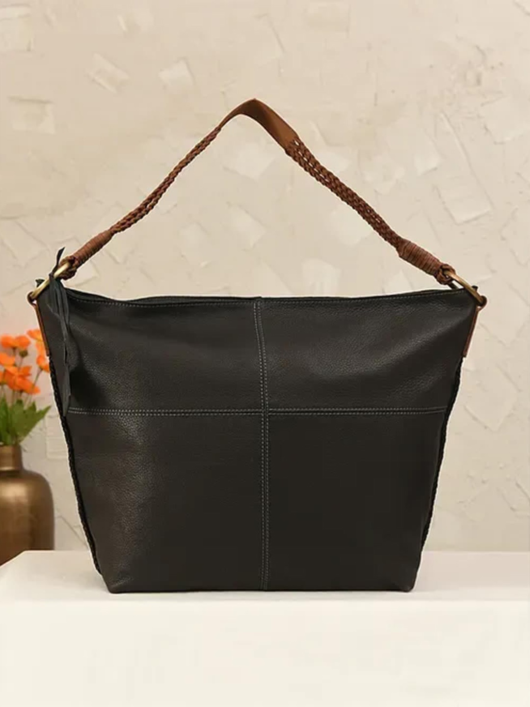 

Jalwa Art Textured Leather Oversized Structured Hobo Bag, Black