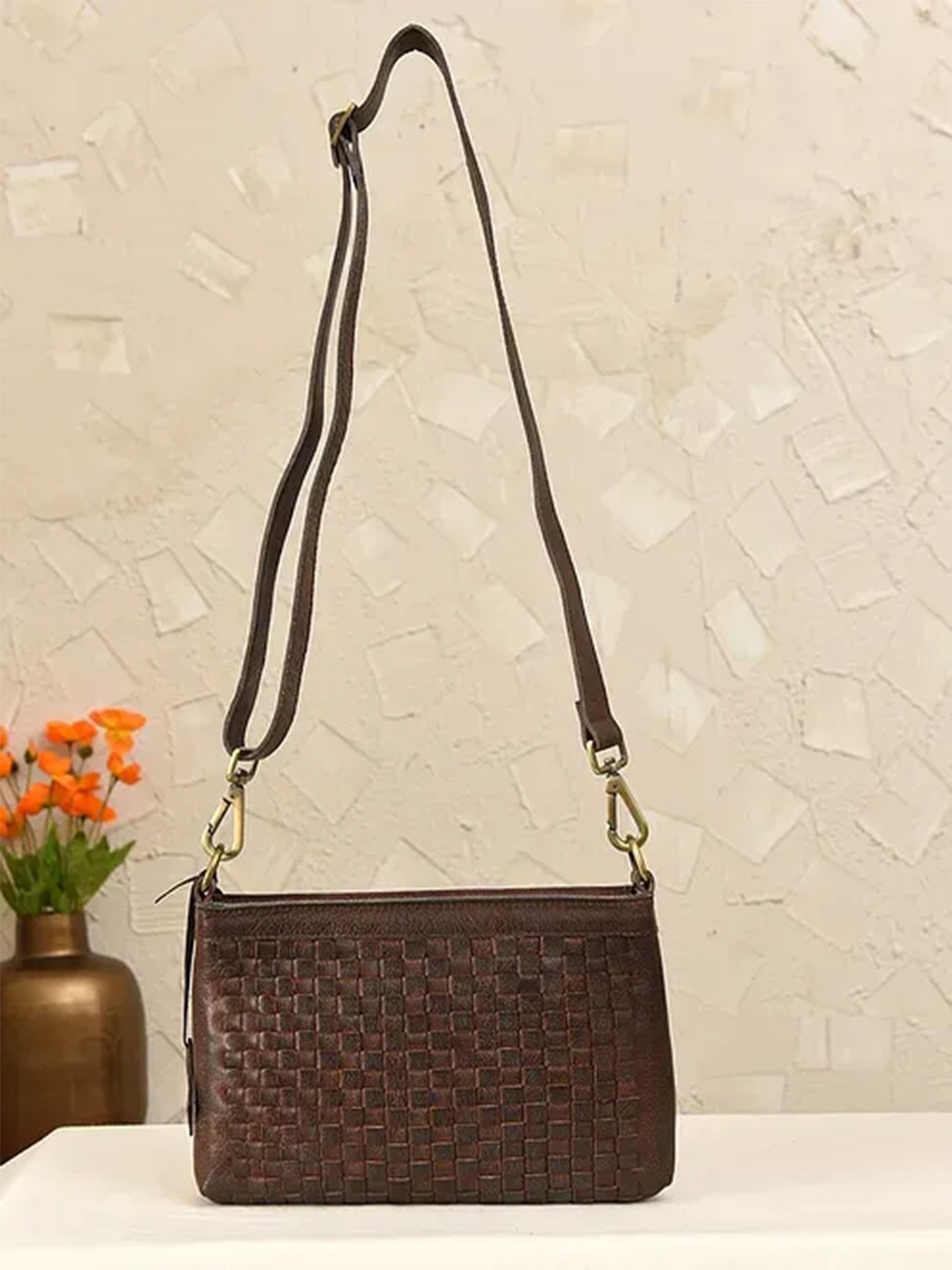 

Jalwa Art Textured Leather Structured Sling Bag, Brown