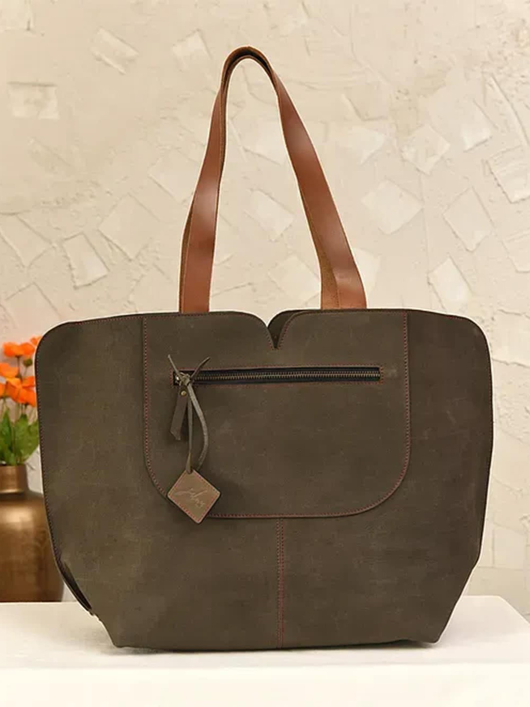 

Jalwa Art Brown Leather Structured Tote Bag with Tasselled