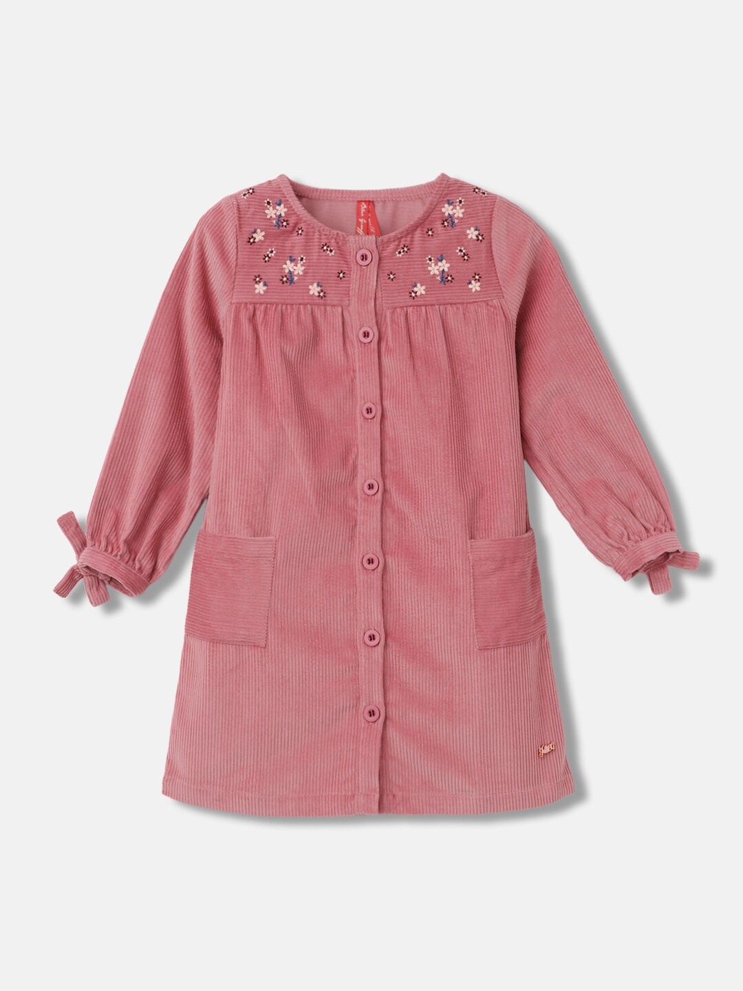 

Blue Giraffe Floral Embroidered Cuffed Sleeves Pure Cotton A-Line Dress, Pink