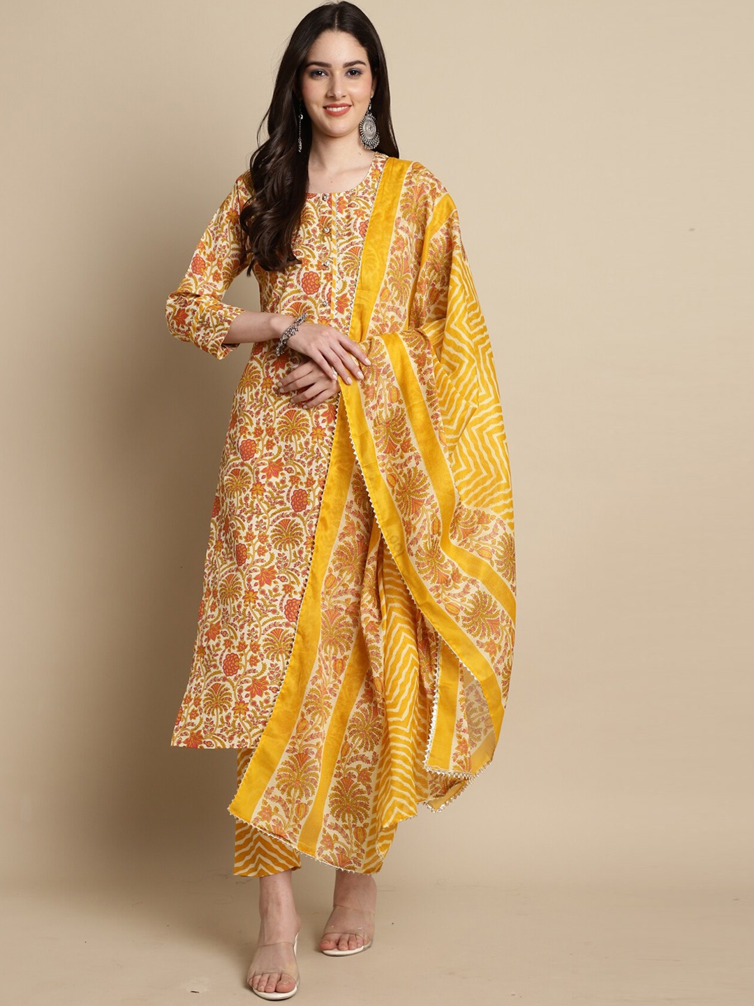 

Rajnandini Floral Printed Gotta Patti Kurta With Trousers & Dupatta, Yellow