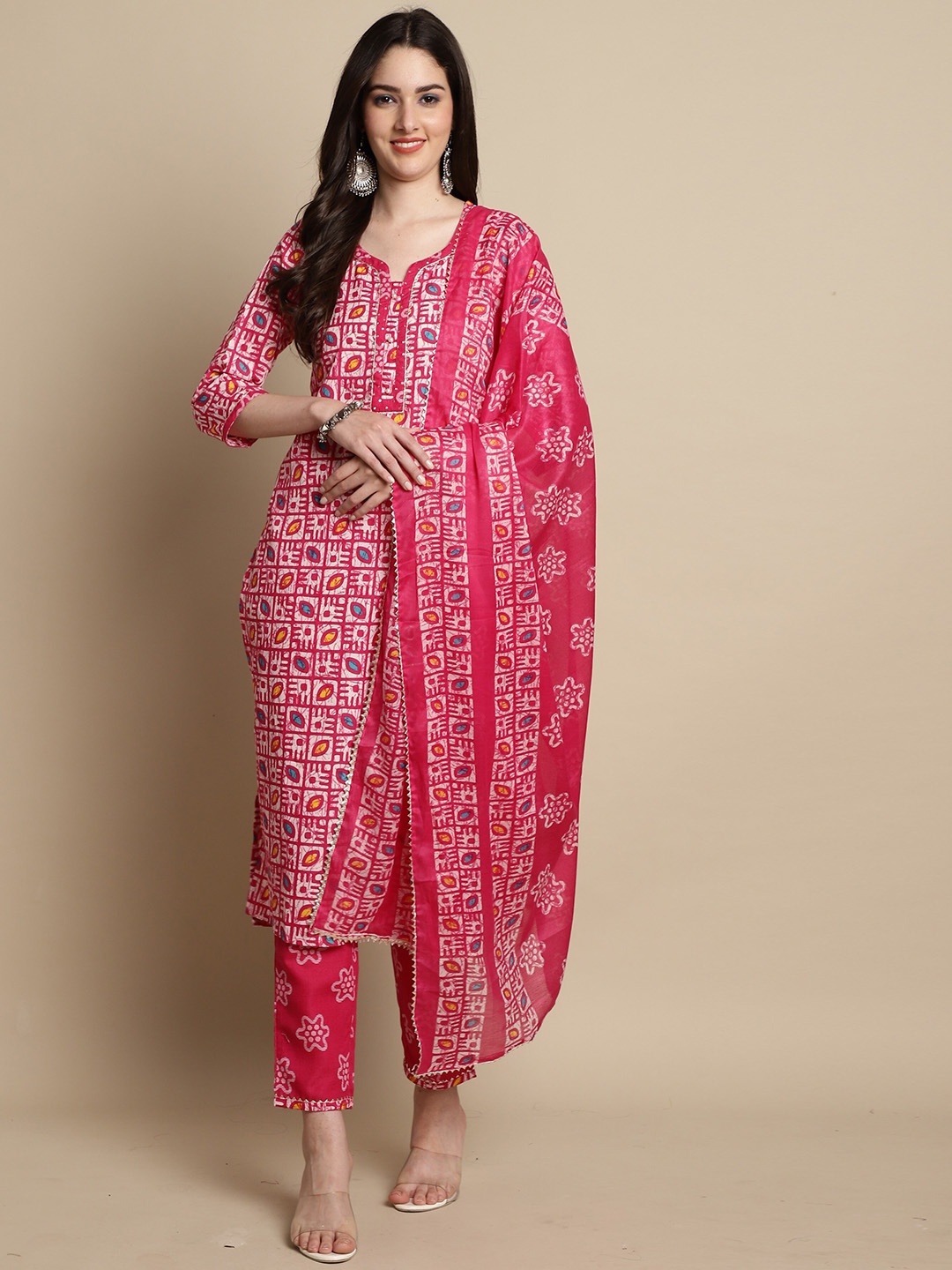 

Rajnandini Ethnic Motifs Printed Regular Kurai with Trousers & With Dupatta, Pink