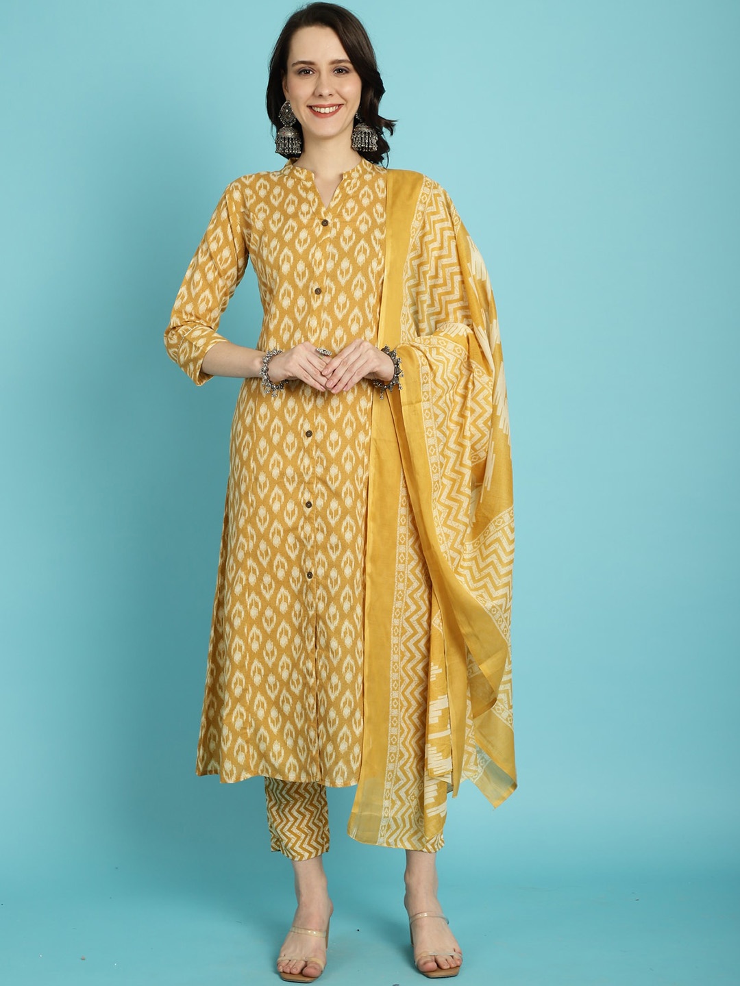 

Rajnandini Ethnic Motifs Printed Regular Kurta & Trousers With Dupatta, Mustard