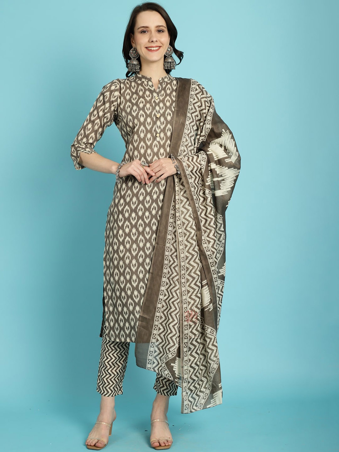 

Rajnandini Ethnic Motifs Printed Band Collar Kurta with Trousers & Dupatta, Brown