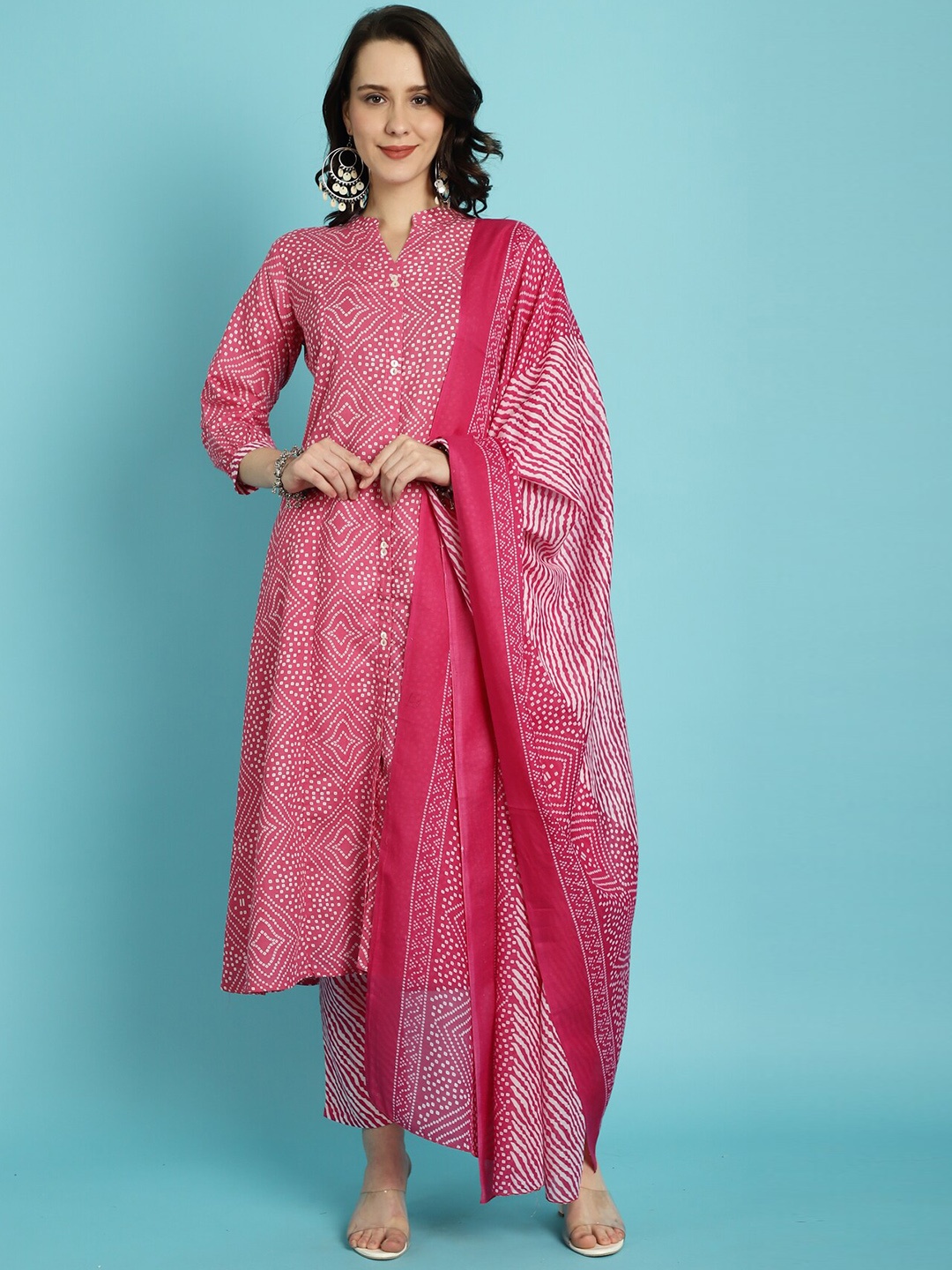 

Rajnandini Bandhani Printed Mandarin Collar Regular Kurta With Trousers & Dupatta, Pink