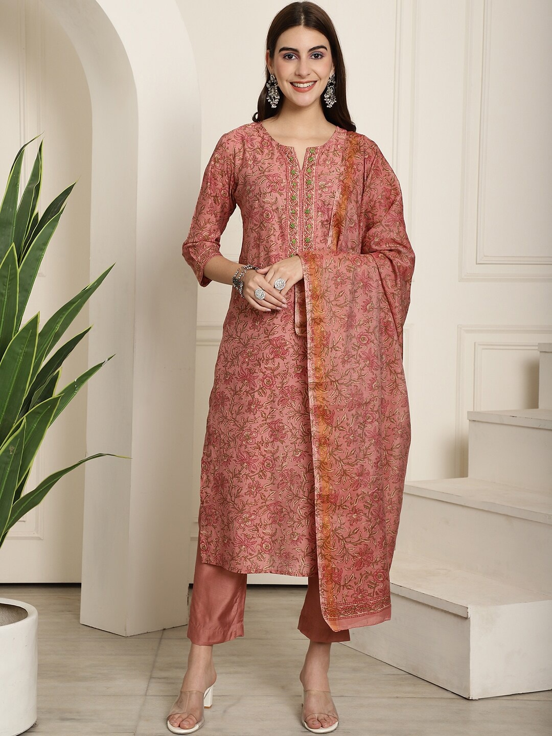 

Aawari Floral Printed Chanderi Silk Kurta & Trousers With Dupatta, Maroon