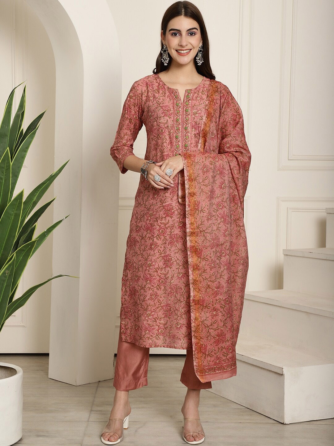 

Aawari Floral Printed Beads And Stones Chanderi Silk Kurta With Trousers & Dupatta, Maroon