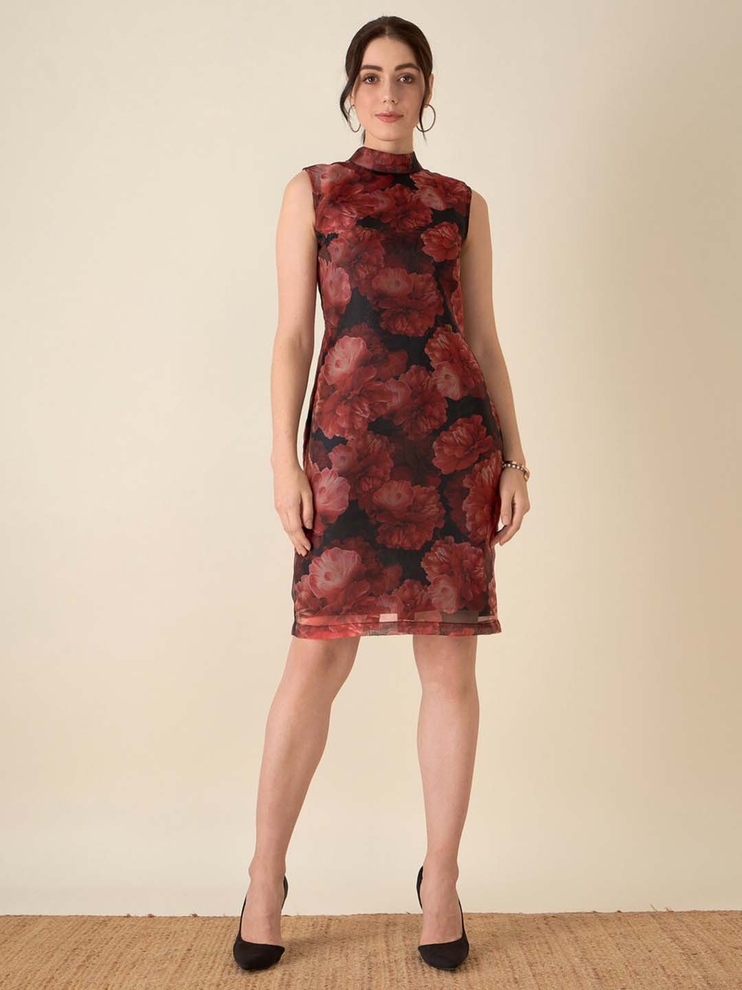 

SALT ATTIRE Floral Printed High Neck Sleeveless Sheath Dress, Black