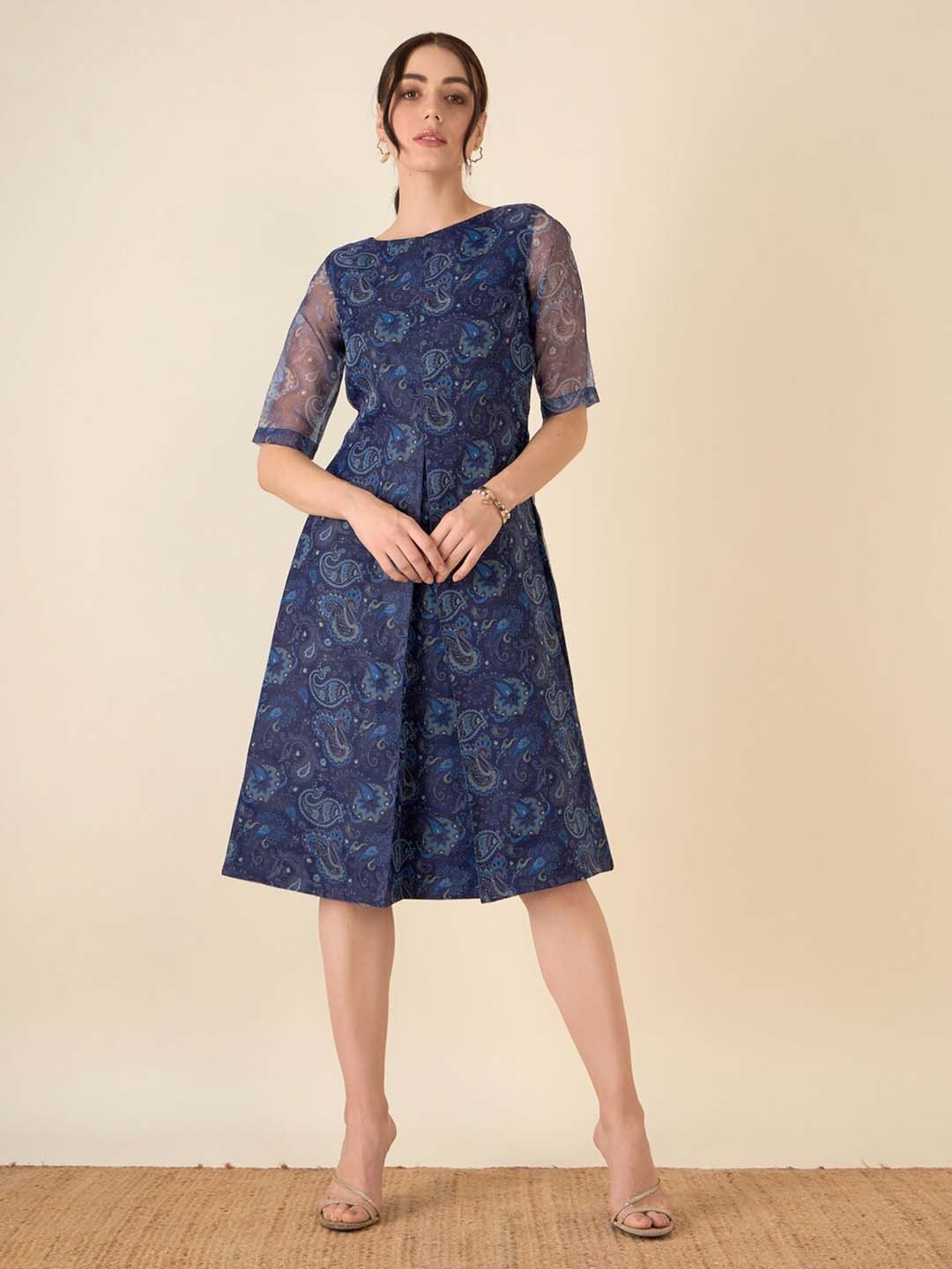 

SALT ATTIRE Ethnic Motifs Boat Neck A-Line Dress, Navy blue