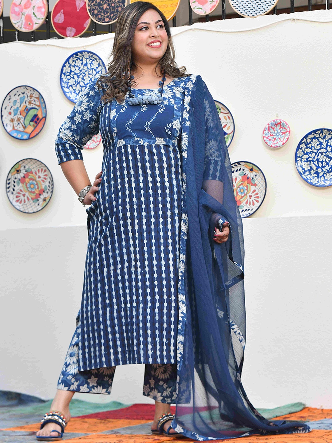 

The Plus Size Store by Meera Creations Ethnic Motifs Printed Pure Cotton Kurta Set, Blue