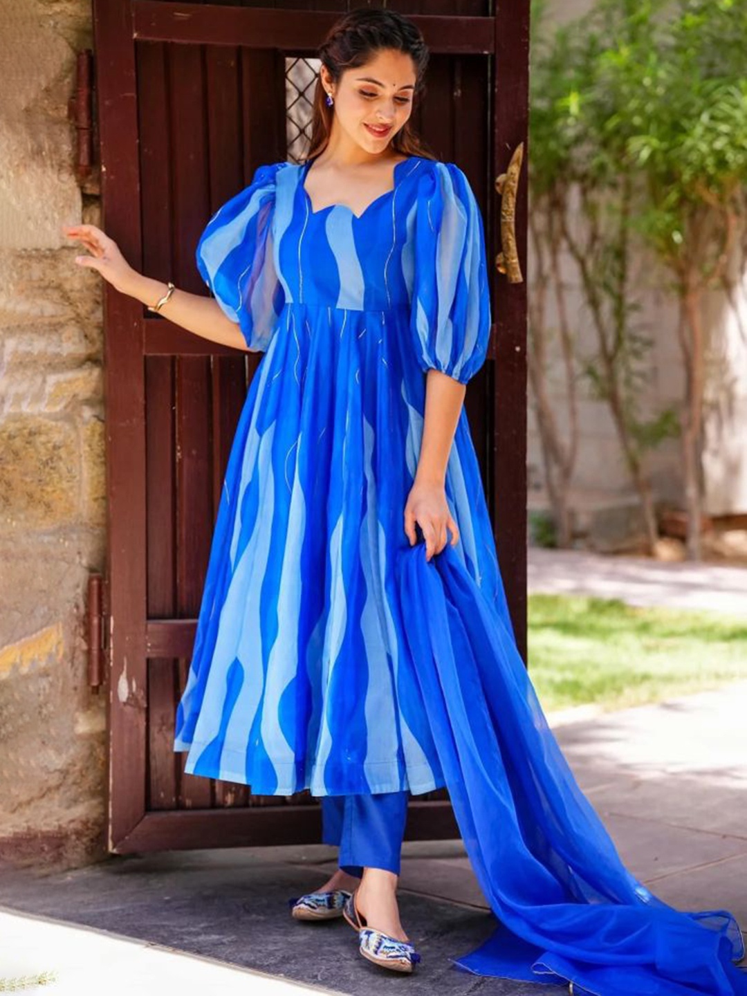 

White World Colourblocked Gotta Patti Pleated Anarkli Kurta With Trousers & Dupatta, Blue