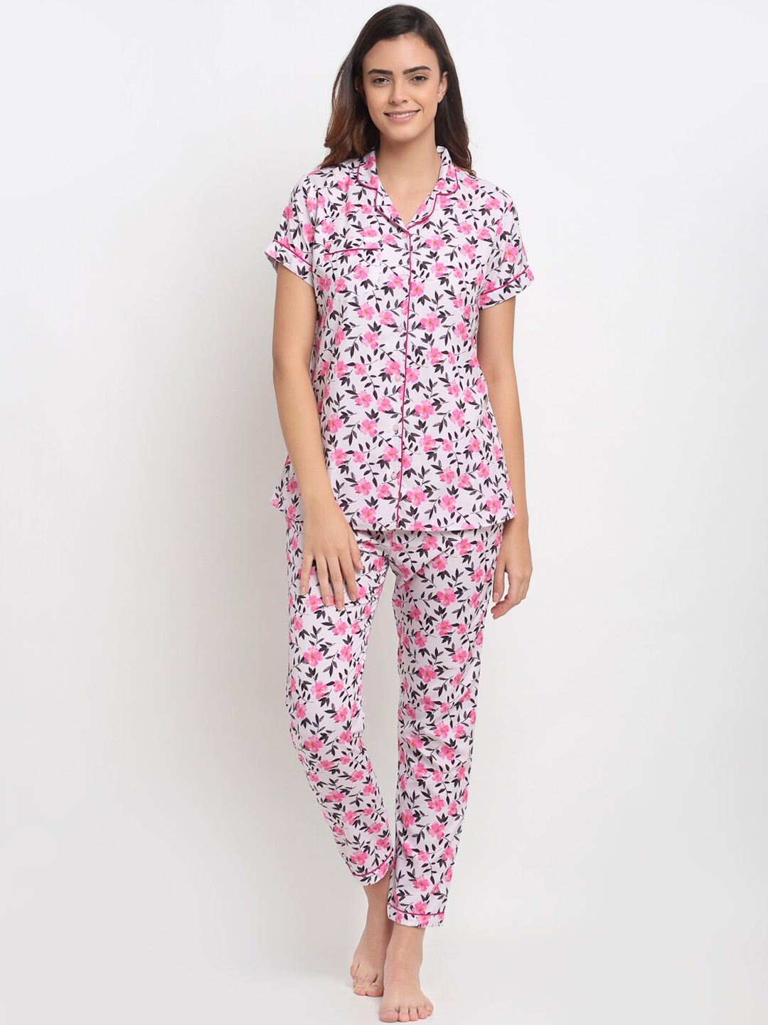 

EROTISSCH Floral Printed Shirt Collar Night Suit, Pink