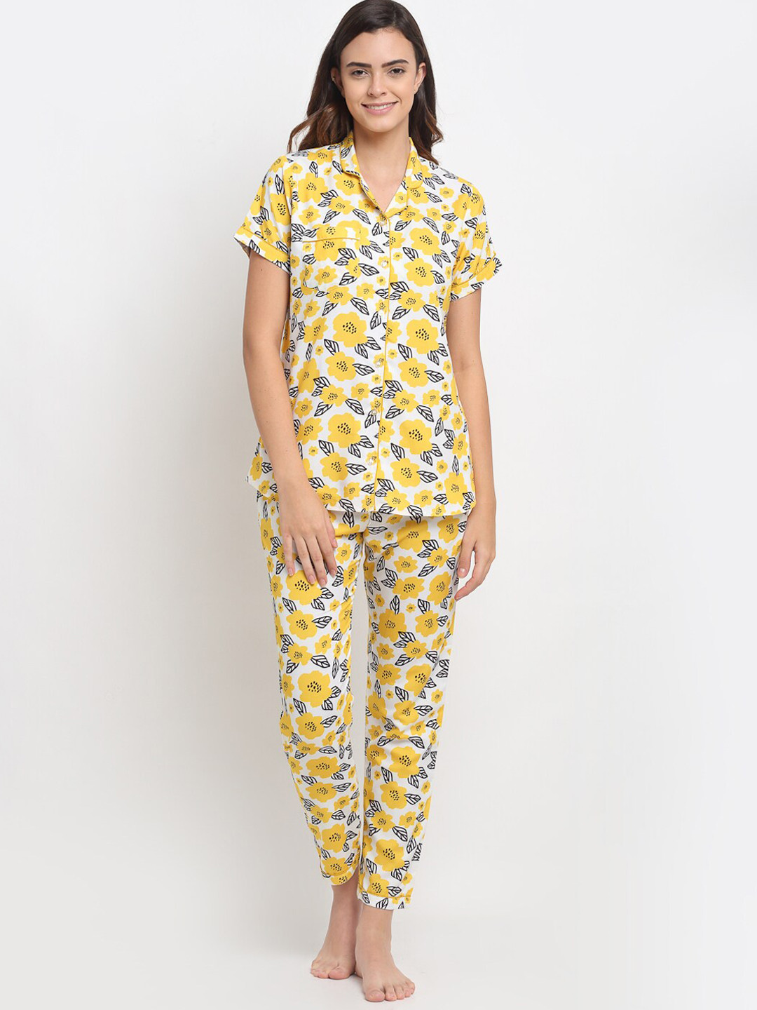 

EROTISSCH Floral Printed Lapel Collar Shirt & Trouser, Yellow