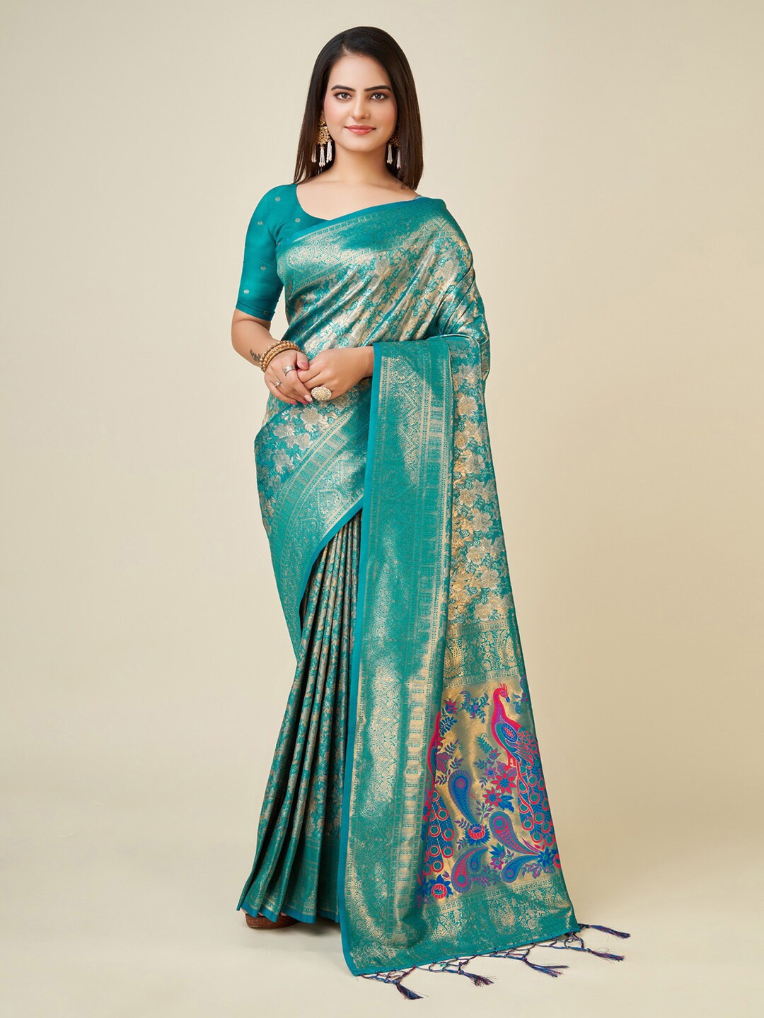 

Mitera Turquoise Blue & Fuchsia Ethnic Motifs Zari Art Silk Saree