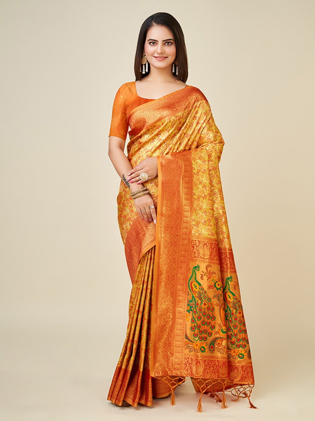 

Mitera Yellow & Gold-Toned Ethnic Motifs Woven Design Zari Art Silk Saree
