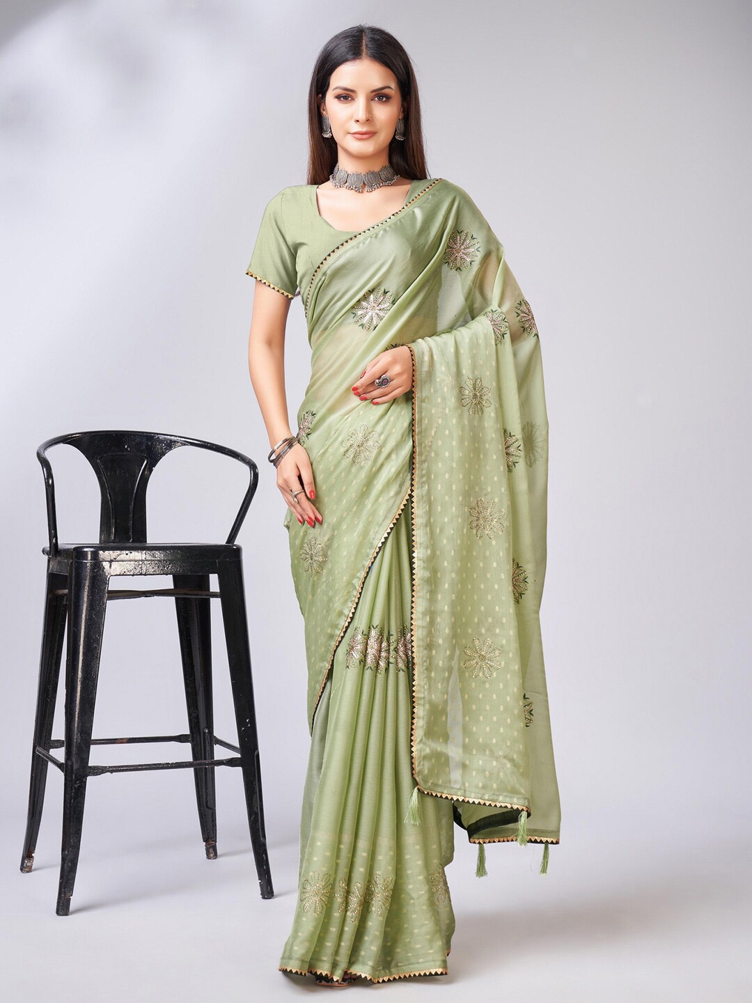 

Mitera Green & Gold Toned Ethnic Motifs Embroidered Sequinned Saree