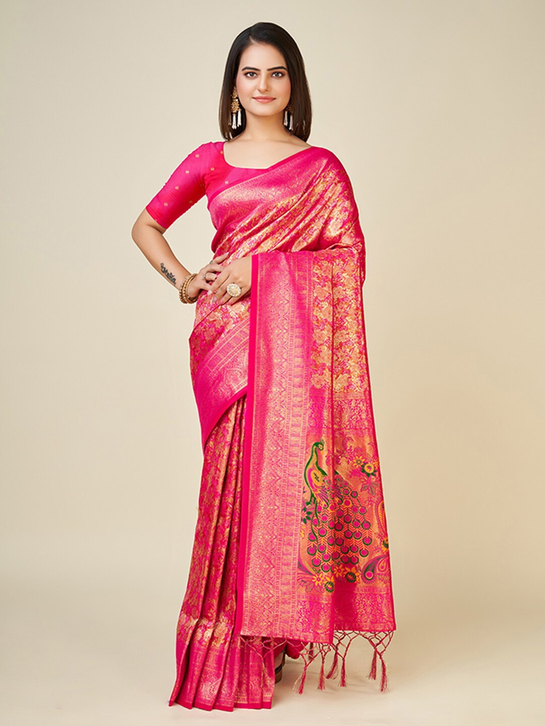

Mitera Pink & Green Floral Woven Design Zari Saree