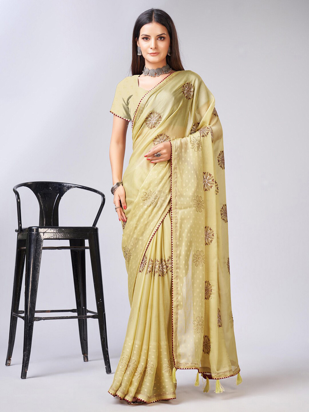 

Mitera Yellow Ethnic Motifs Beads & Stones Embroidered Saree