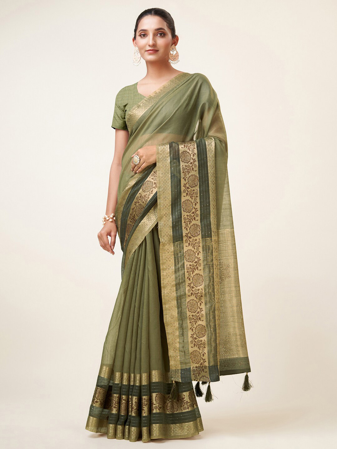 

Mitera Green & Gold-Toned Zari Organza Saree