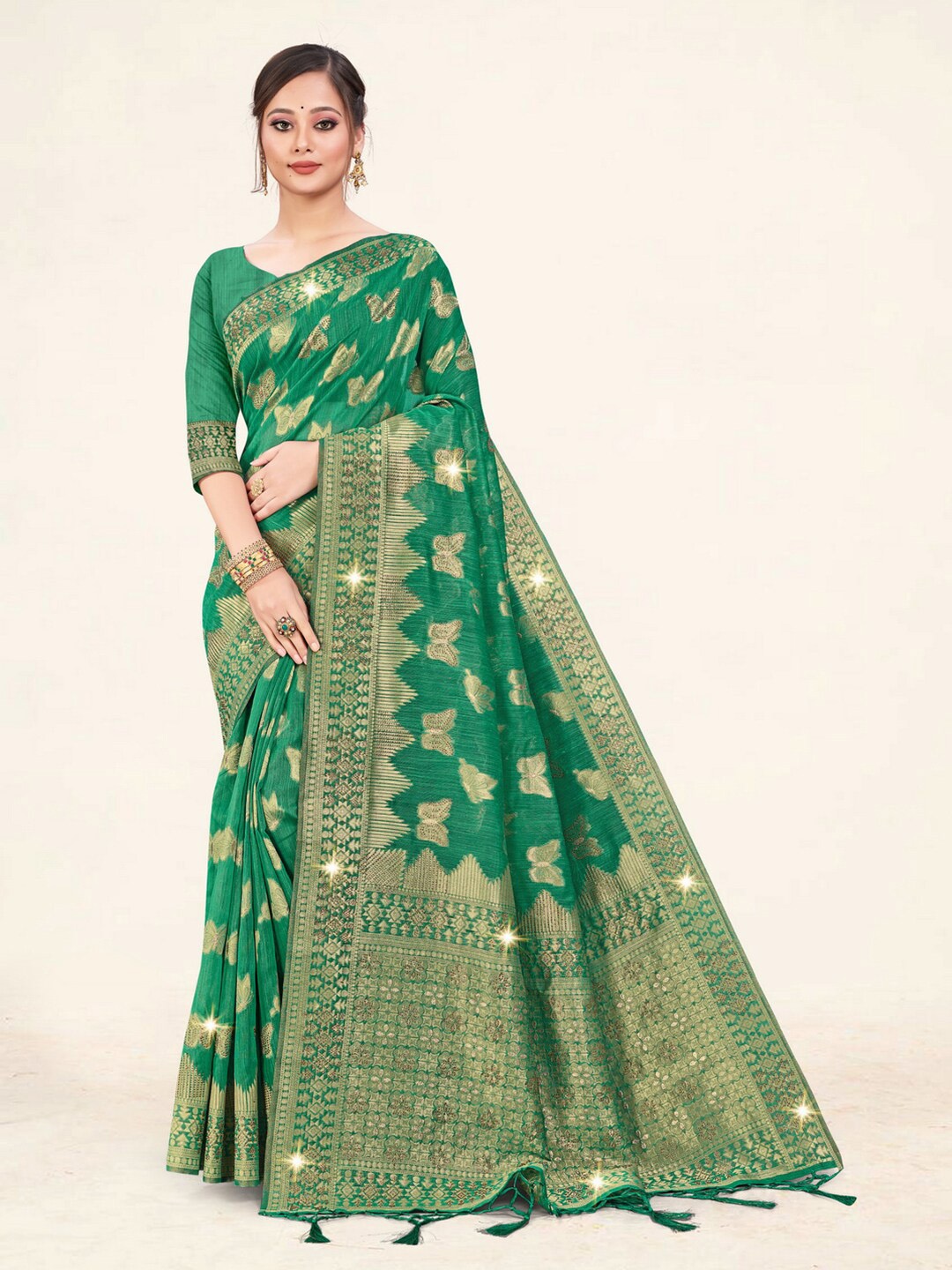 

Mitera Sea Green & Gold-Toned Ethnic Motifs Woven Design Zari Saree