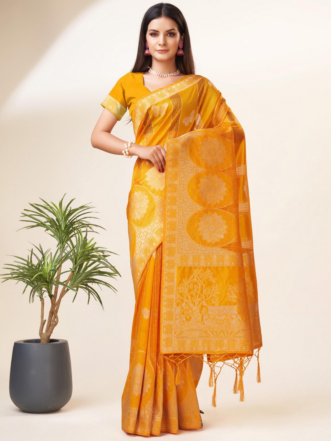 

Mitera Yellow & Gold-Toned Woven Design Zari Organza Saree
