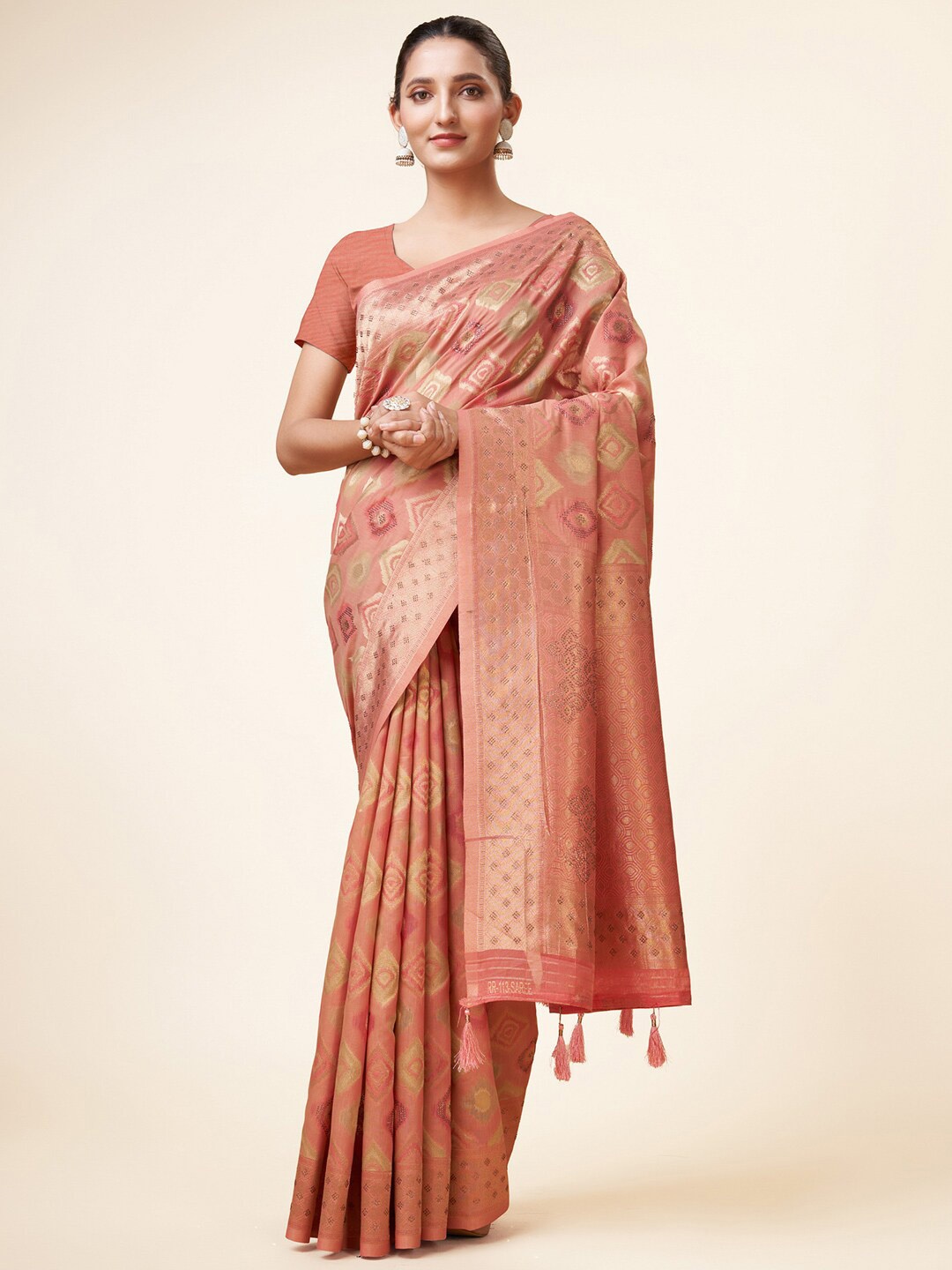 

Mitera Pink & Gold-Toned Ethnic Motifs Woven Design Zari Saree