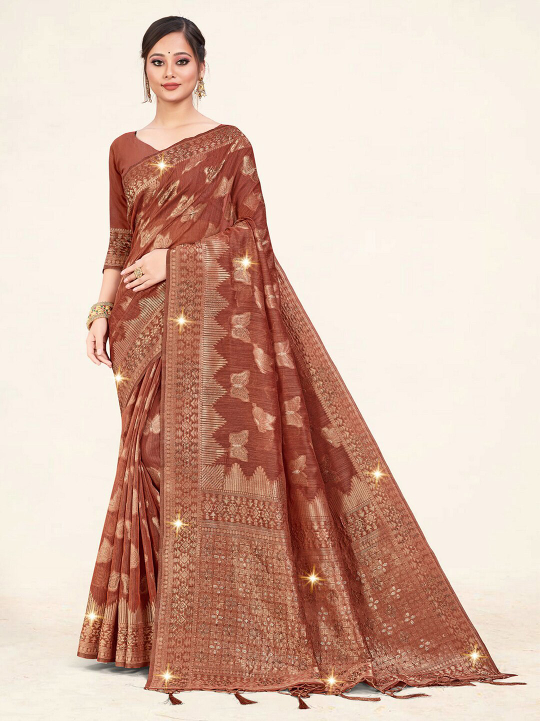 

Mitera Rust & Gold-Toned Ethnic Motif Woven Design Zari Saree