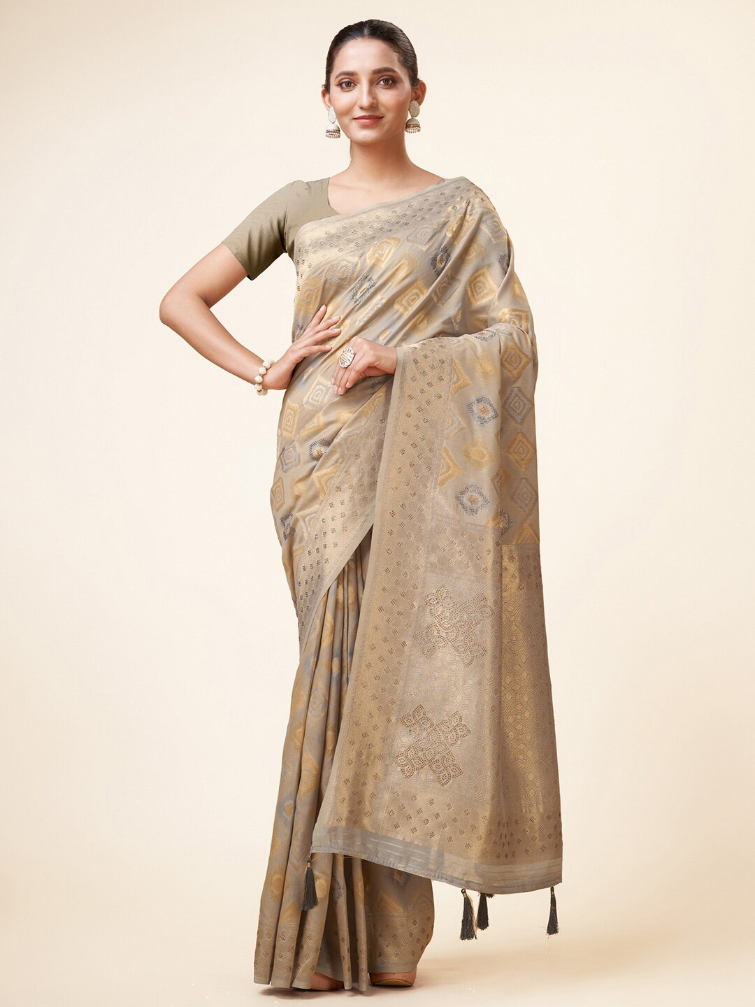 

Mitera Ethnic Motifs Woven Design Zari Saree, Grey