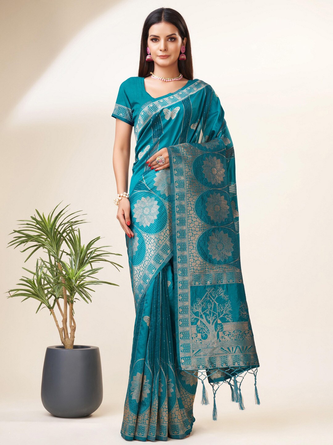 

Mitera Turquoise Ethnic Motifs Woven Design Zari Organza Saree, Turquoise blue