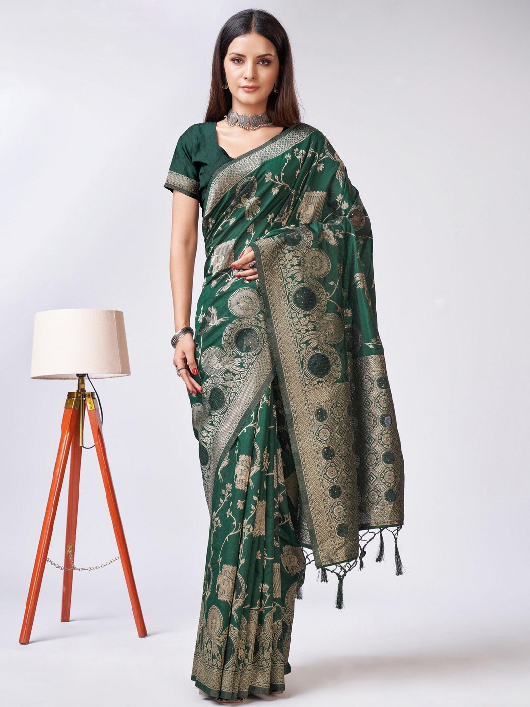 

Mitera Floral Woven Design Zari Organza Saree, Green