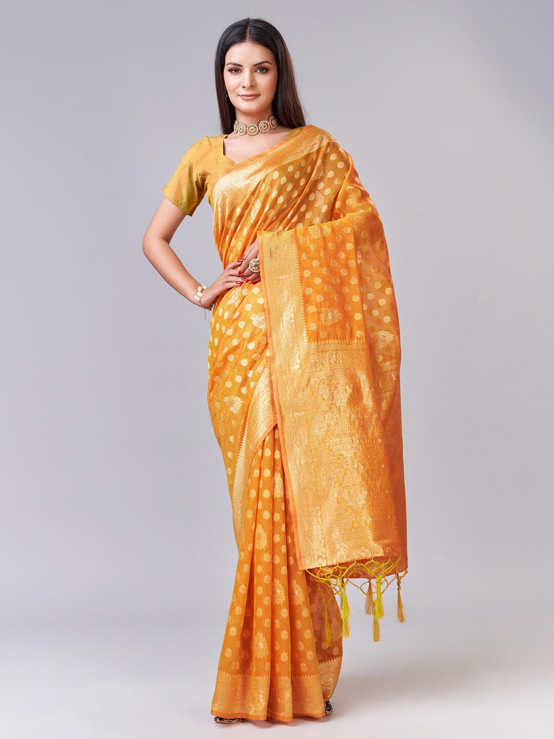 

Mitera Yellow Ethnic Motifs Woven Design Zari Detail Saree