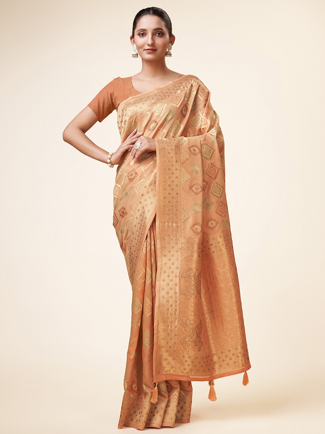 

Mitera Peach Coloured & Gold Toned Ethnic Motifs Woven Design Zari Saree