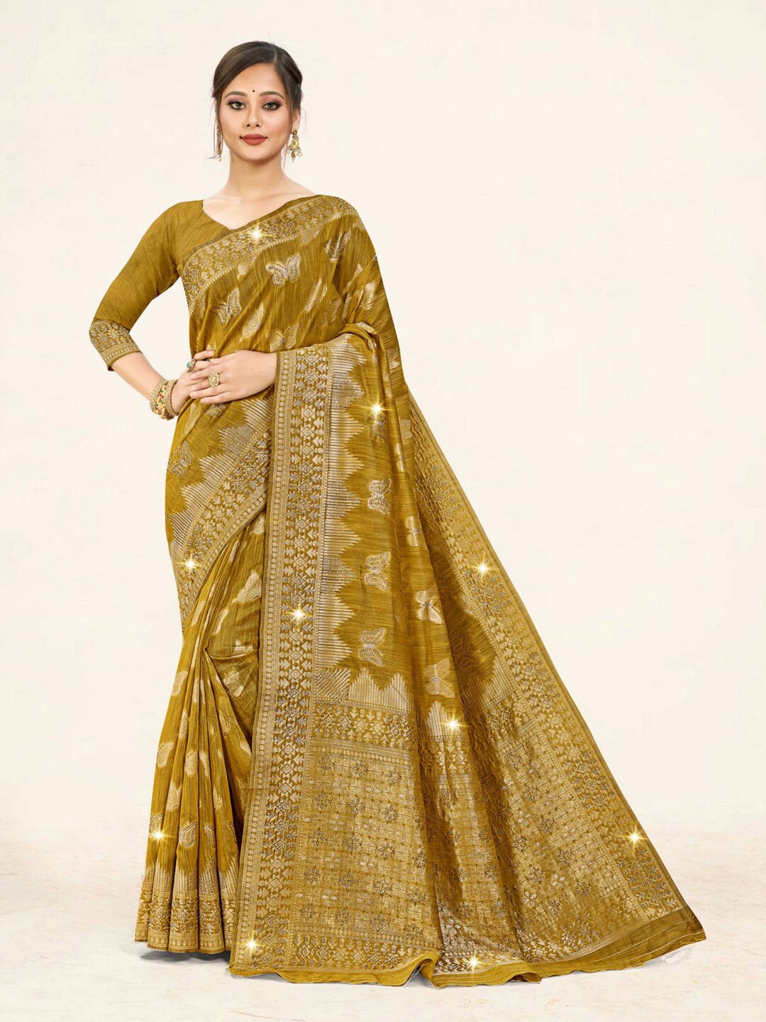 

Mitera Green & Gold-Toned Ethnic Motifs Woven Design Zari Saree
