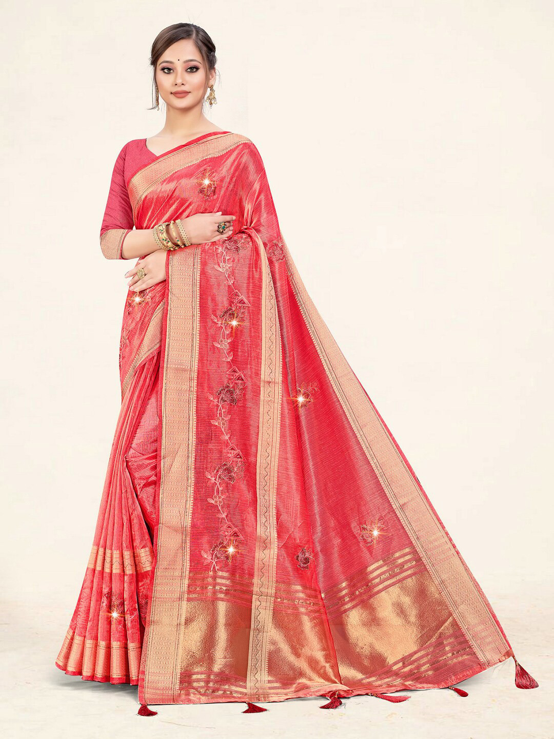

Mitera Pink & Gold-Toned Ethnic Motifs Embroidered Zari Organza Saree