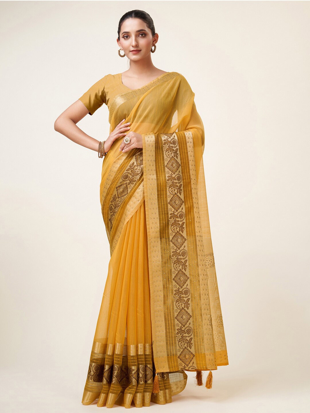

Mitera Yellow & Gold-Toned Zari Organza Saree