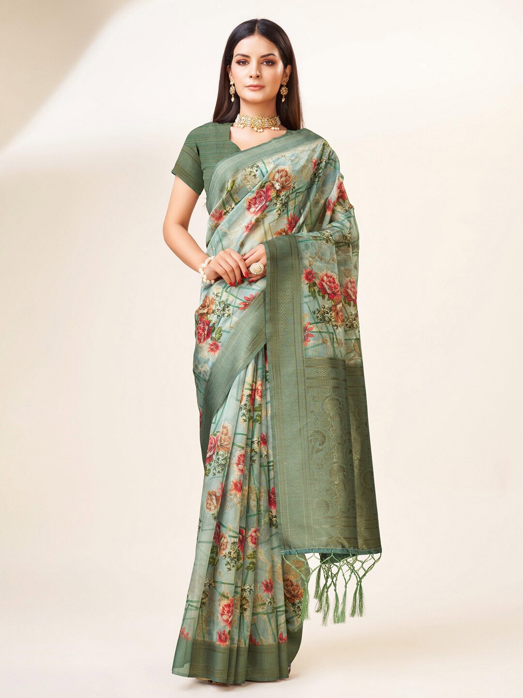 

Mitera Green & Red Floral Woven Design Organza Saree