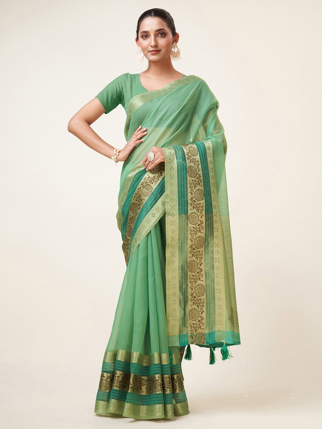 

Mitera Sea Green Zari Detailed Organza Saree