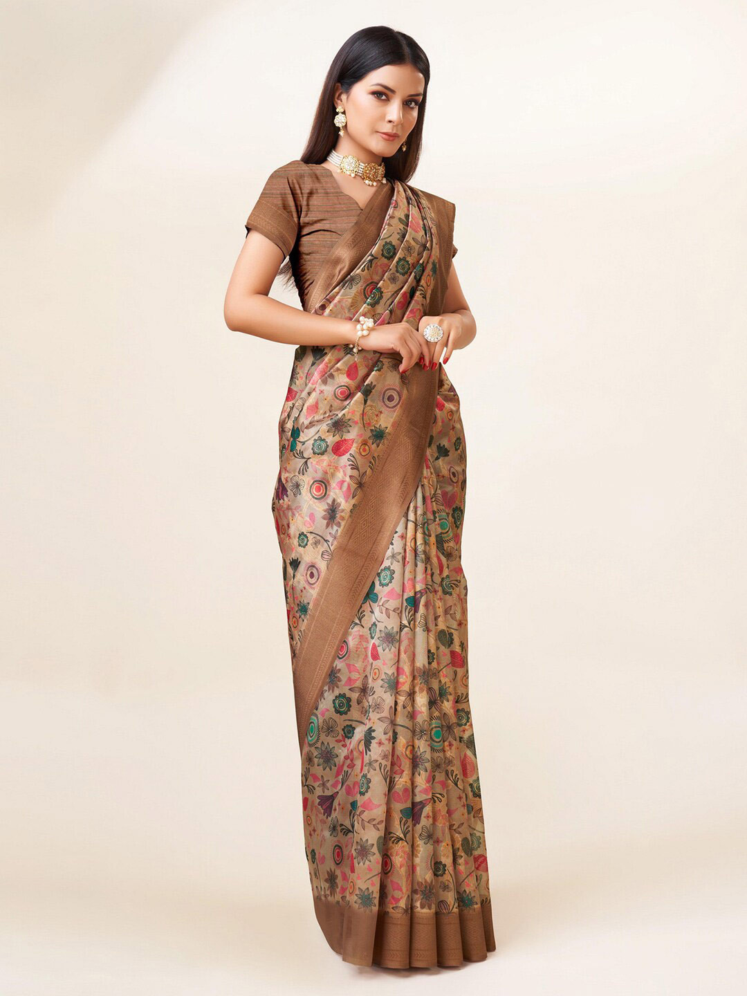 

Mitera Brown & Green Floral Printed Zari Organza Saree