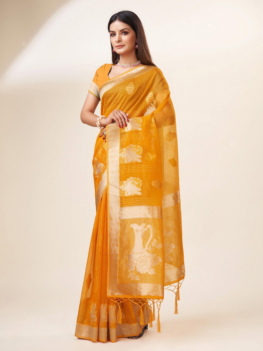 

Mitera Yellow & Gold-Toned Ethnic Motifs Woven Design Zari Organza Saree