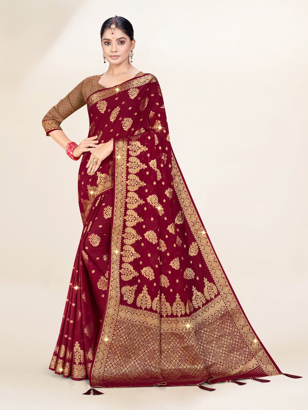 

Mitera Maroon & Gold-Toned Ethnic Motifs Woven Design Zari Pure Georgette Saree