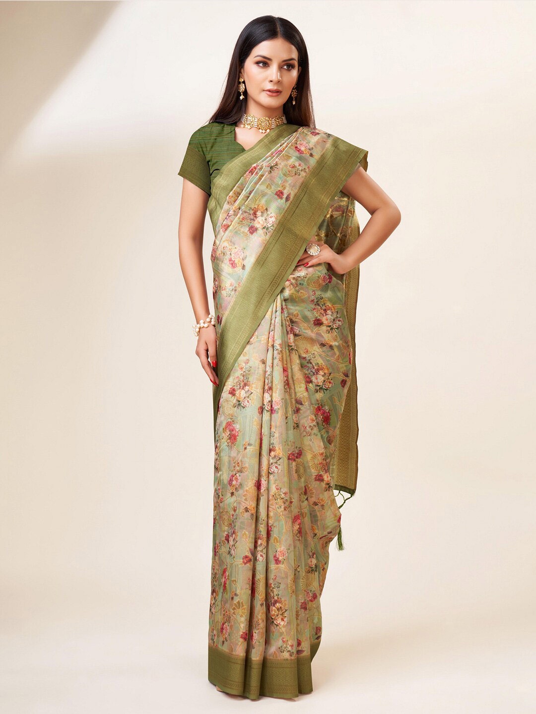 

Mitera Green & Fuchsia Floral Printed Organza Saree